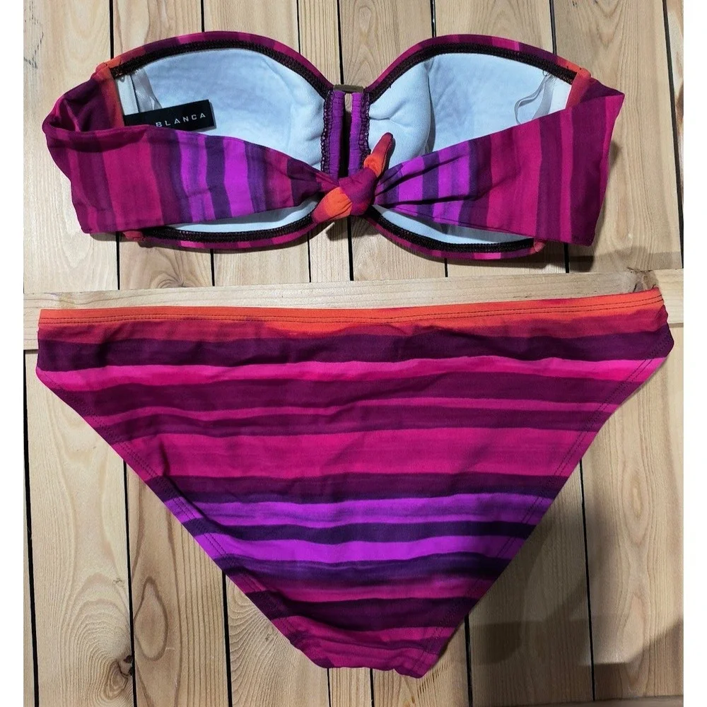 La Blanca Pink Purple Striped Bandeau Bikini Set Size 8 Gold Hardware Swimsuit‎